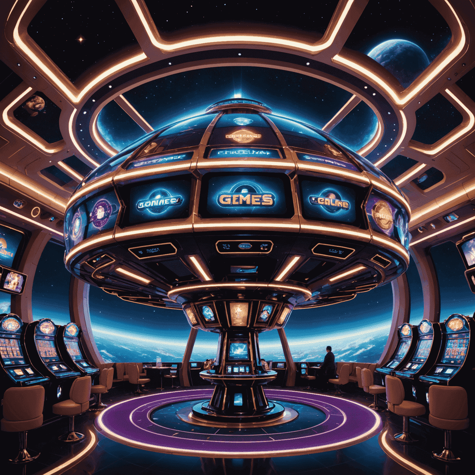 A futuristic spaceship-shaped casino floating in space, with neon lights and holographic displays visible through large windows. The spaceship has the Social-gmes.com logo prominently displayed on its hull.