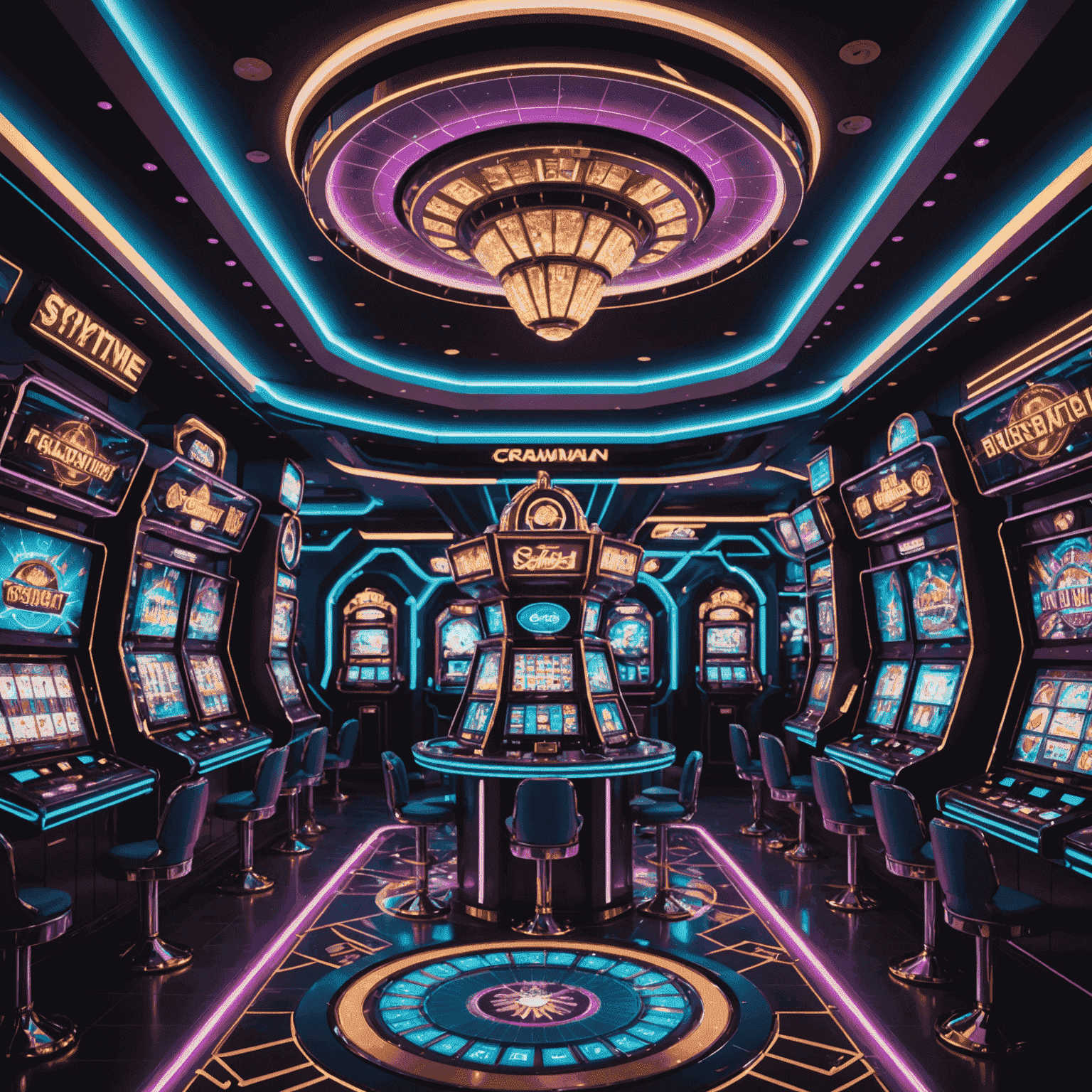 A futuristic spaceship casino with neon lights, floating 3D coins, and holographic game displays