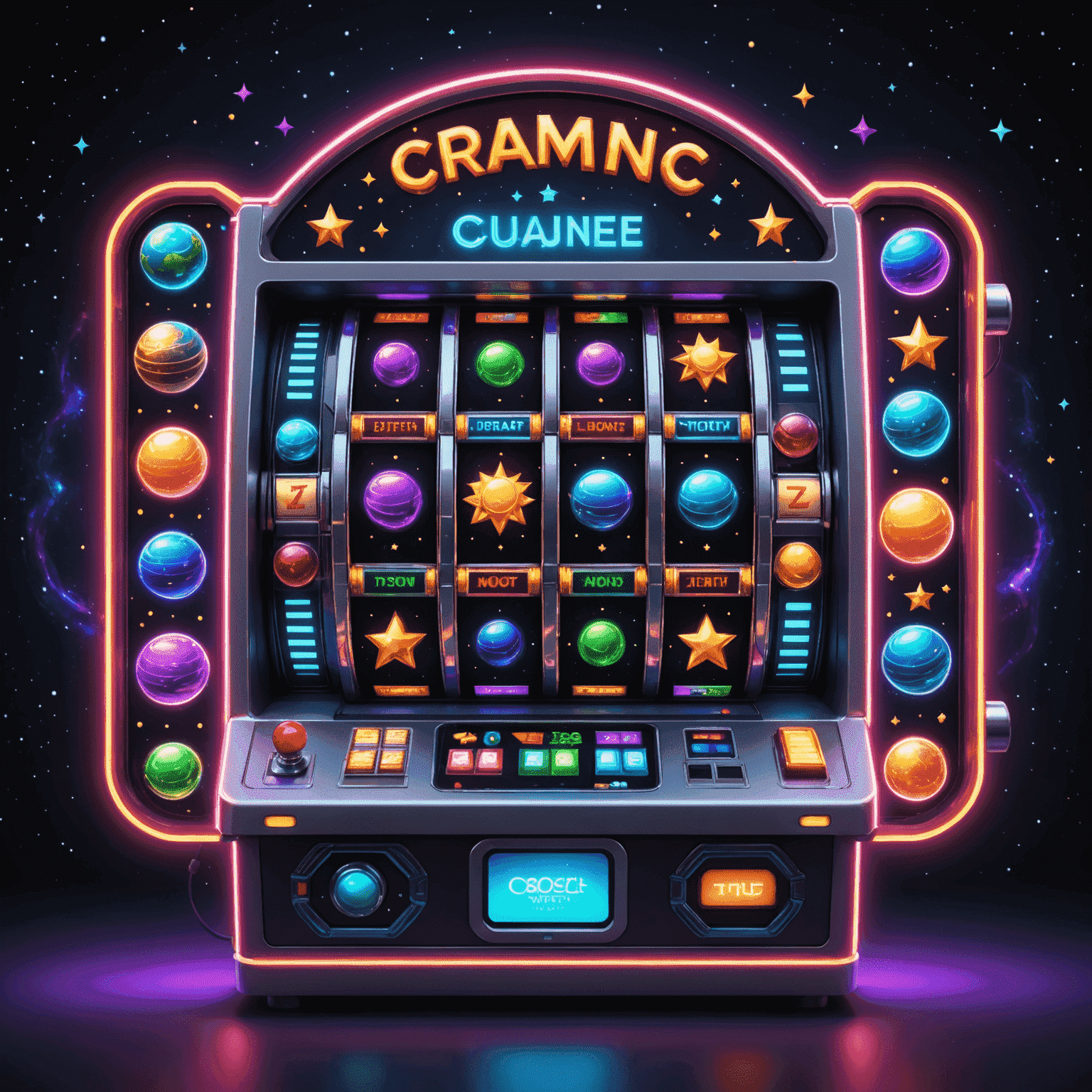 A futuristic slot machine with cosmic symbols, planets, and stars on its reels, surrounded by a glowing neon frame