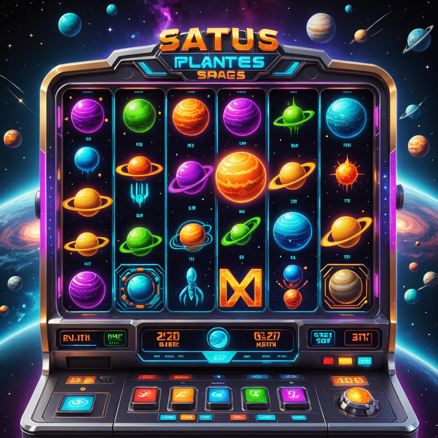 A futuristic space-themed slot machine interface with neon symbols of planets, stars, and alien spaceships. The reels are set against a backdrop of a vibrant galaxy.