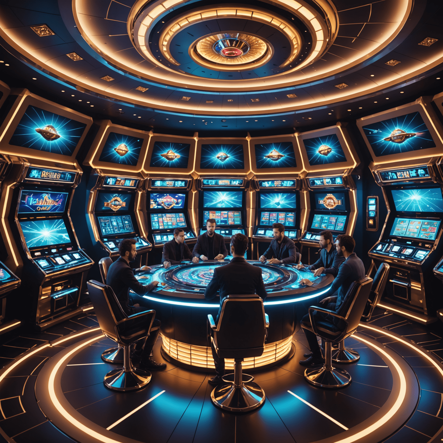 A team of French designers working on futuristic 3D models of a spaceship casino interior, with holographic displays showing various casino game concepts