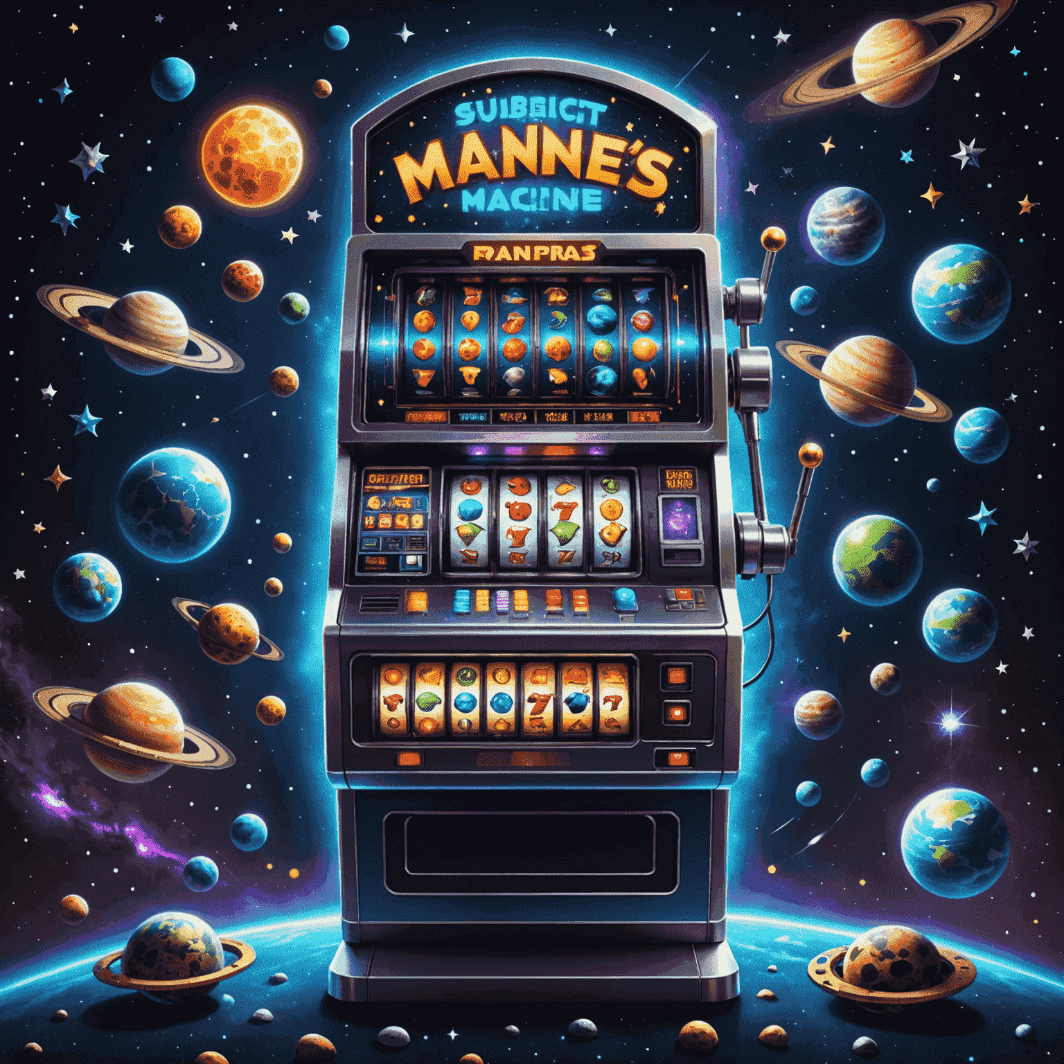 A futuristic slot machine with holographic reels displaying various space-themed symbols such as planets, asteroids, and alien creatures. The machine is surrounded by a starry background with occasional comets streaking by.