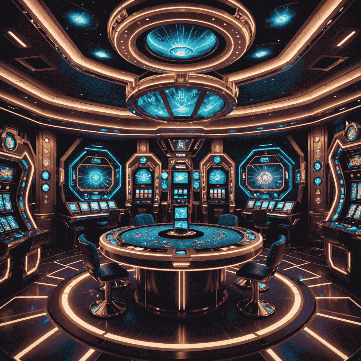 A futuristic spaceship casino interior with holographic displays showing various loyalty tiers and cosmic credit symbols