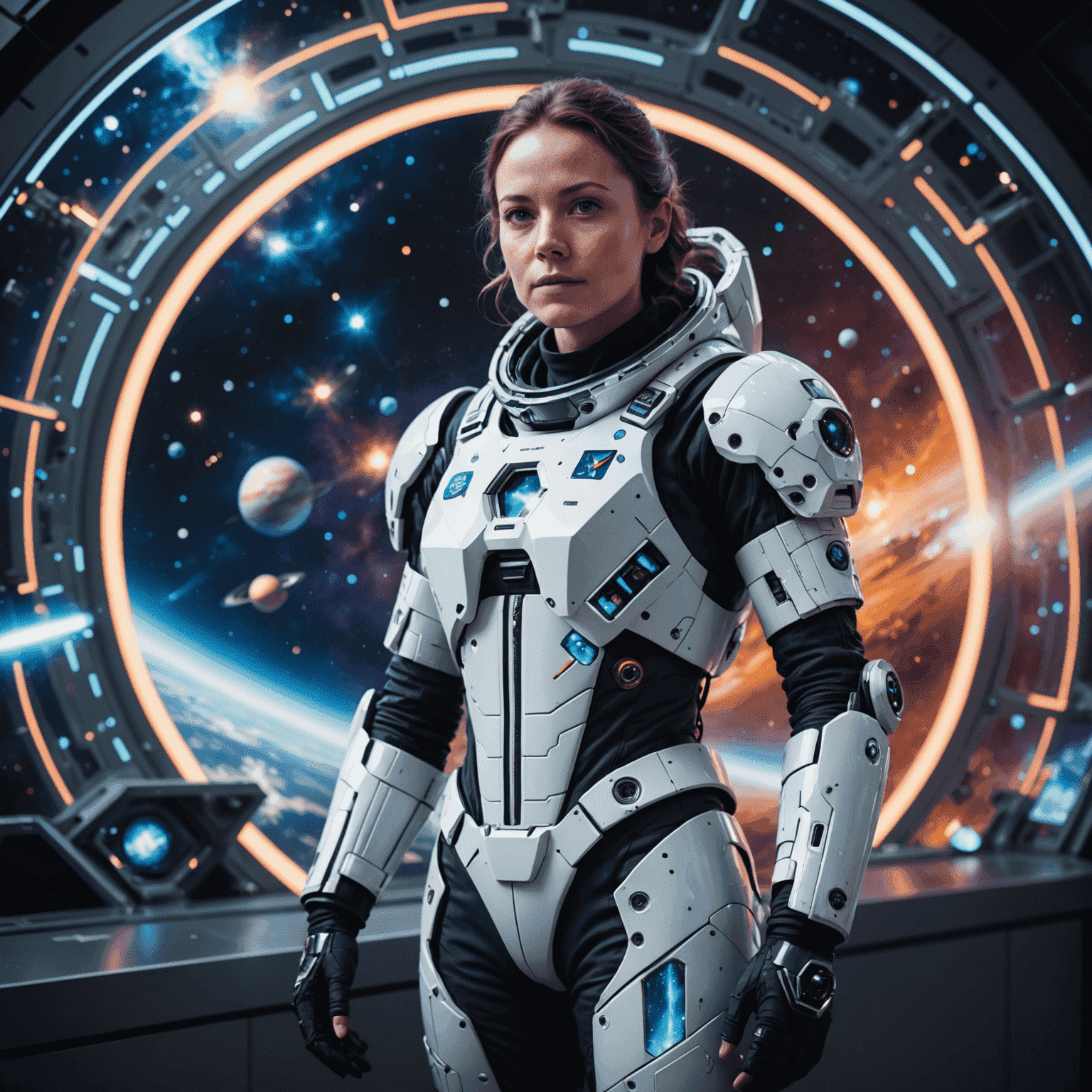 A confident space explorer in a futuristic spacesuit, standing in front of a holographic map of the galaxy