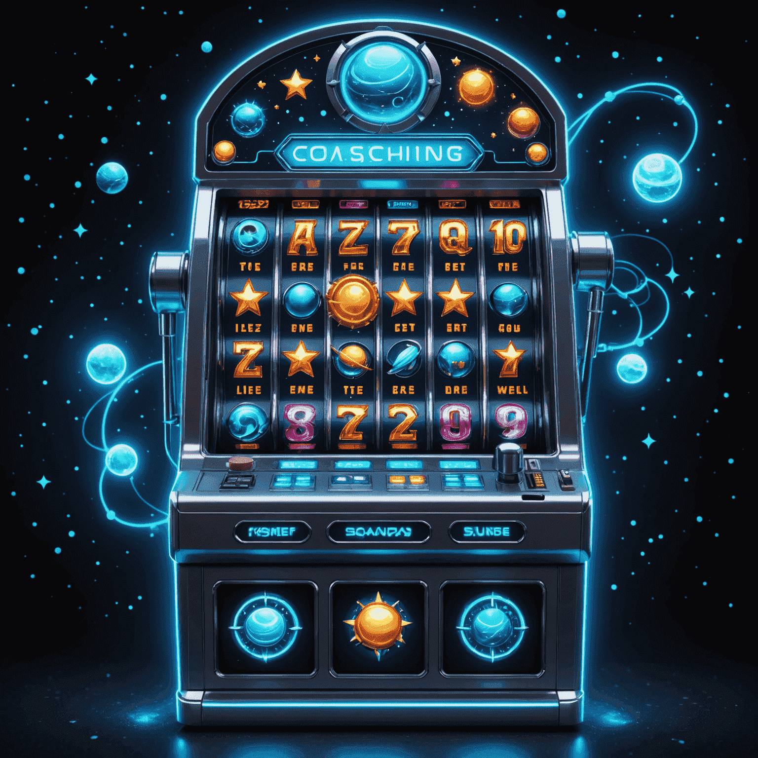 A futuristic slot machine with cosmic symbols, planets, and stars on its reels, emitting a neon blue glow