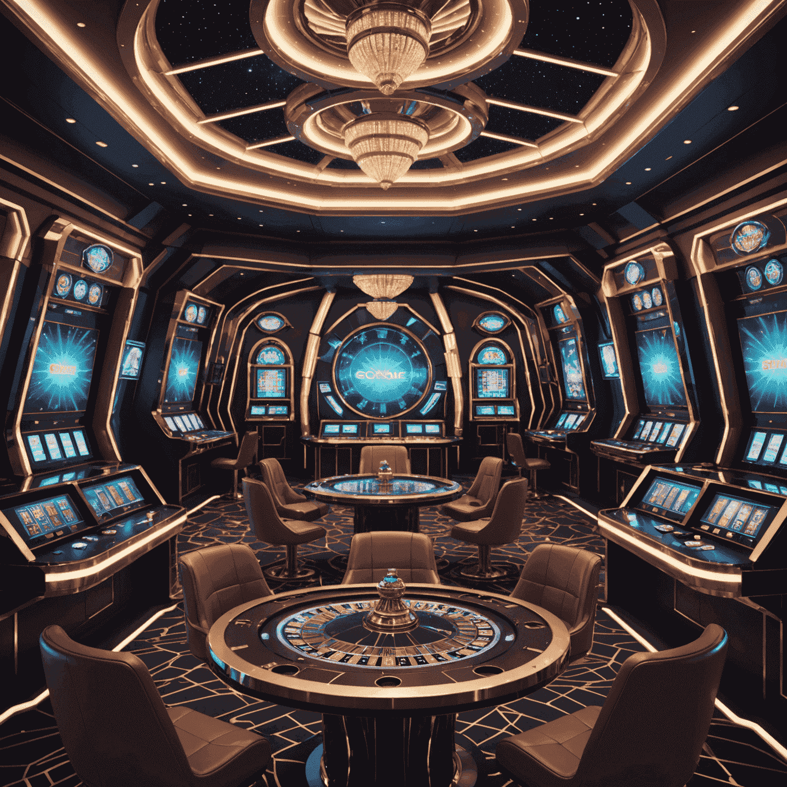 A 3D render of a luxurious casino interior set inside a futuristic spaceship, with holographic game tables and star-filled windows