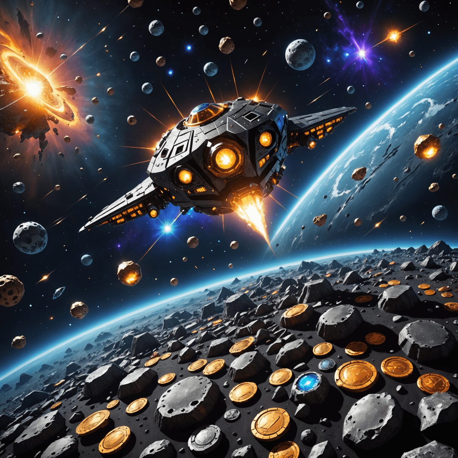 A 3D rendering of the Cosmic Jackpots bonus round, featuring a player's spaceship navigating through an asteroid field filled with glowing space gems and coins.