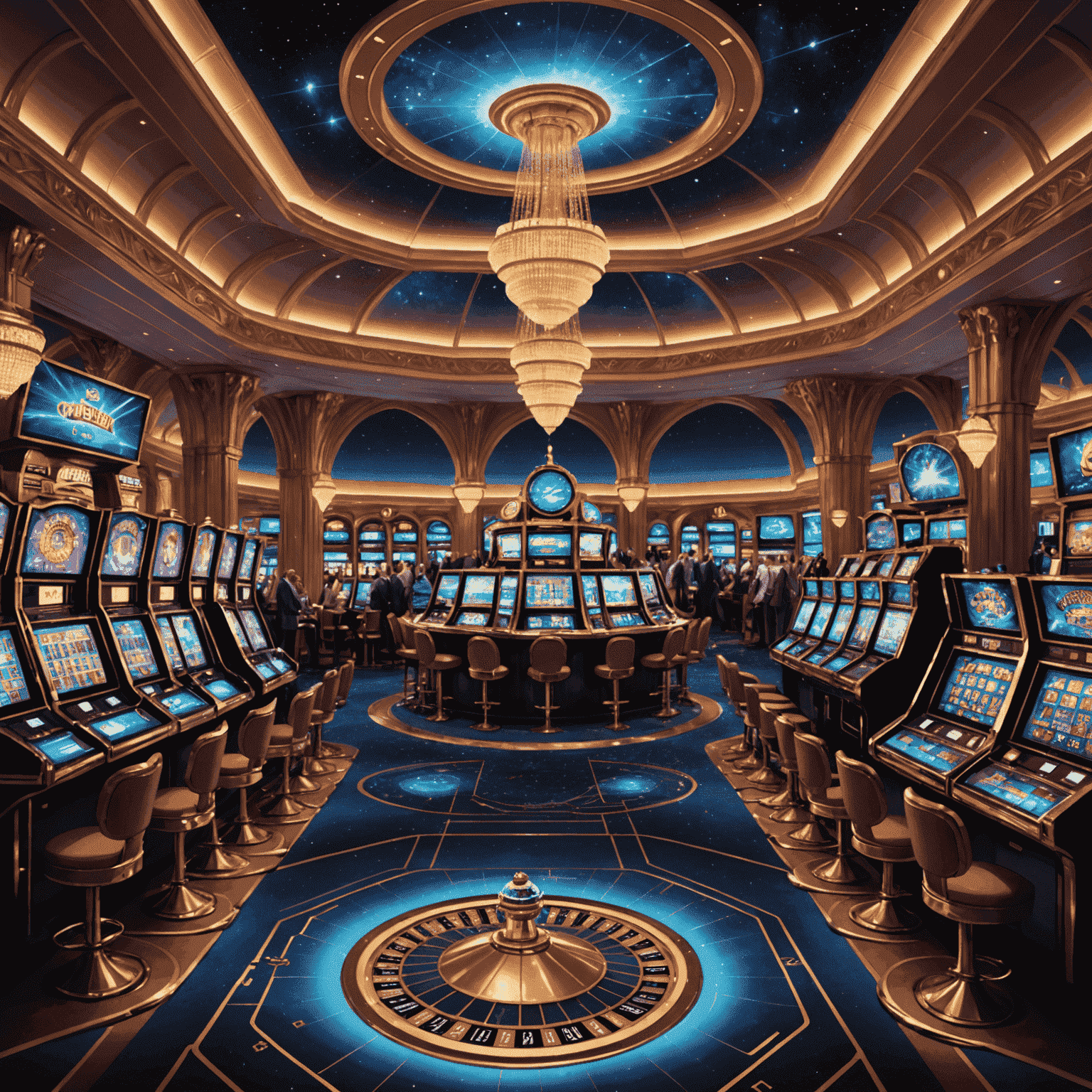 Concept art showing various areas of the spaceship casino, including a grand central gaming floor with floating holographic slot machines and a panoramic view of space