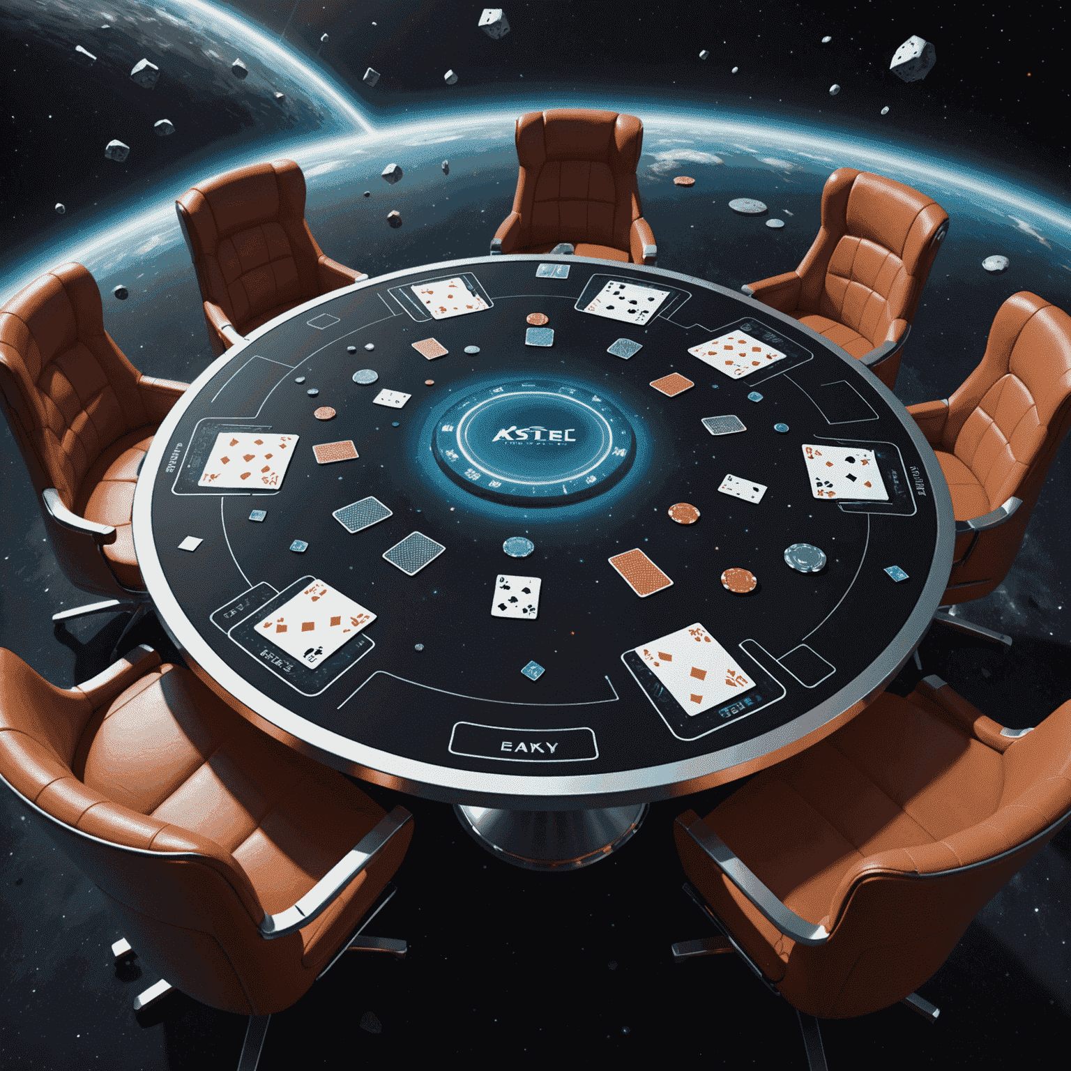 A 3D rendered poker table floating in space, with holographic cards and chips. Asteroids of various sizes float around the table, occasionally passing through the holographic interface.