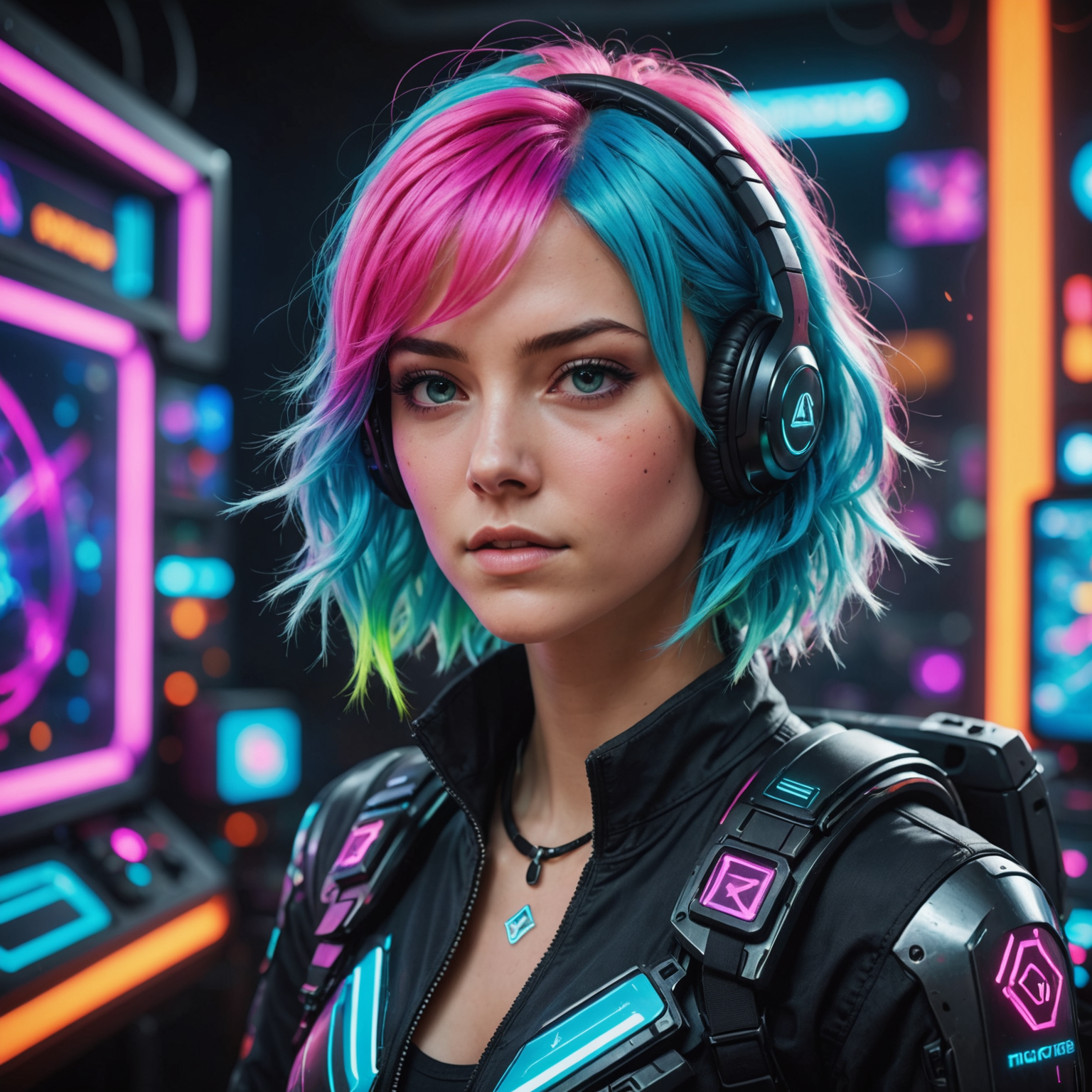 An enthusiastic player with neon-colored hair, surrounded by holographic game interfaces