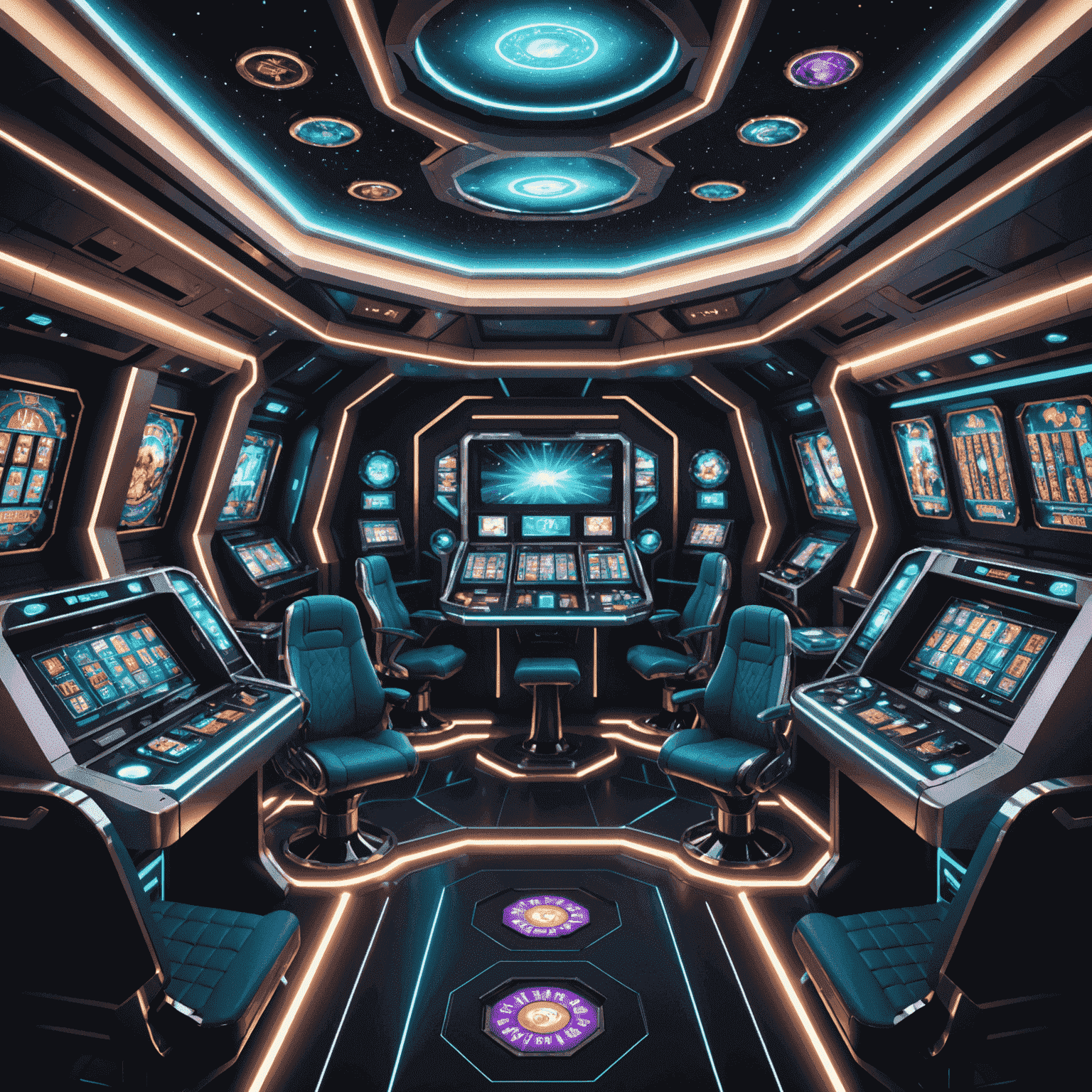 A 3D render of a sleek, futuristic spaceship interior with casino games and holographic displays