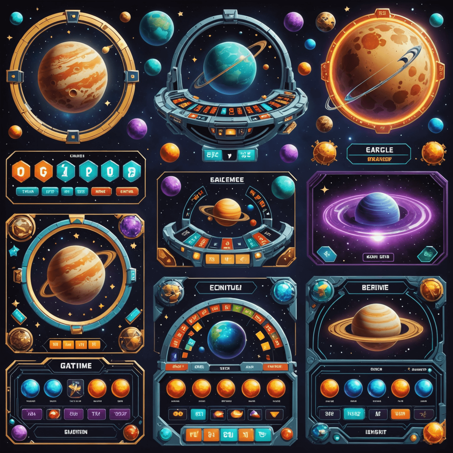 A collage of five different space-themed casino game interfaces, each with unique cosmic designs and characters