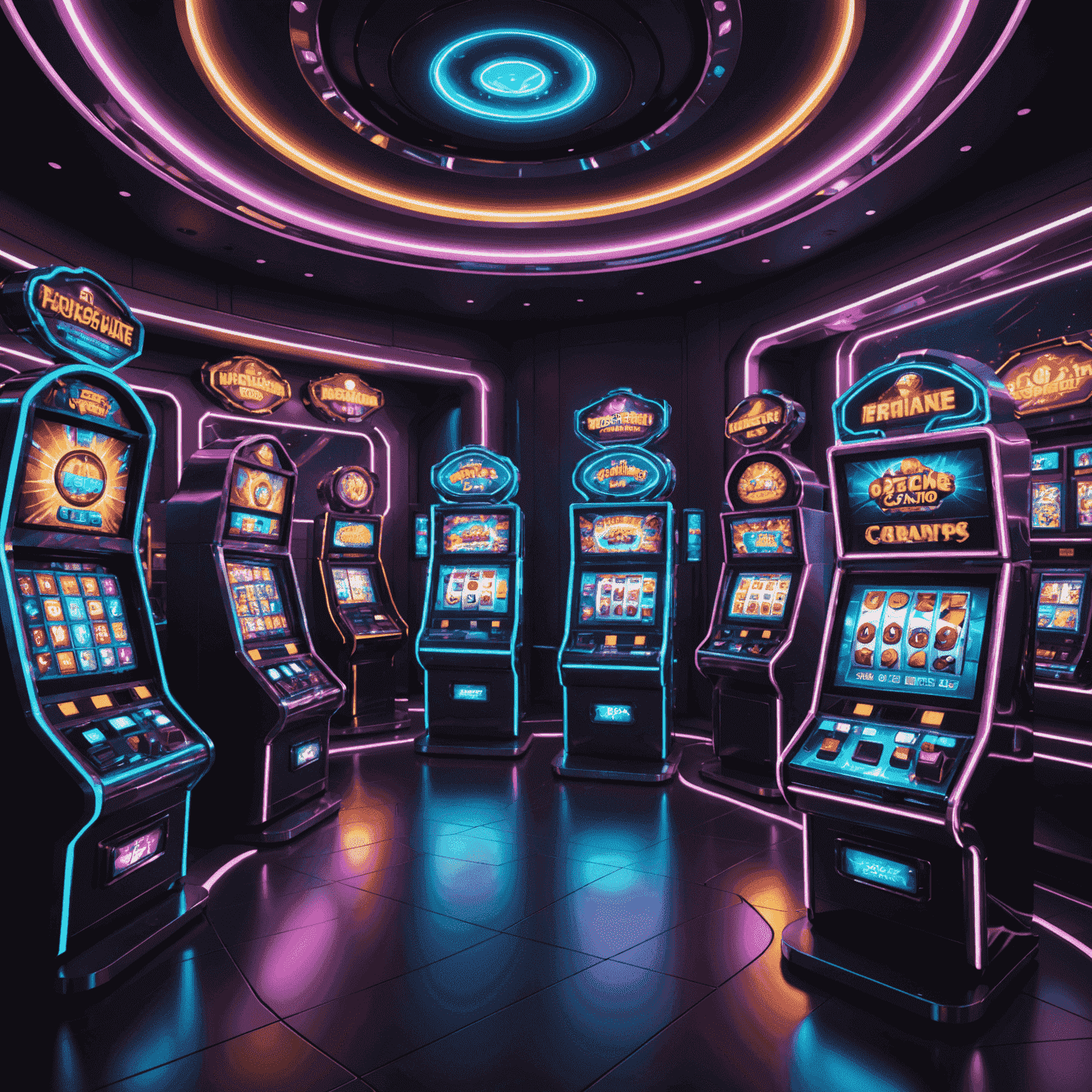 3D rendered futuristic slot machines with holographic displays and neon accents, floating in the spaceship casino environment