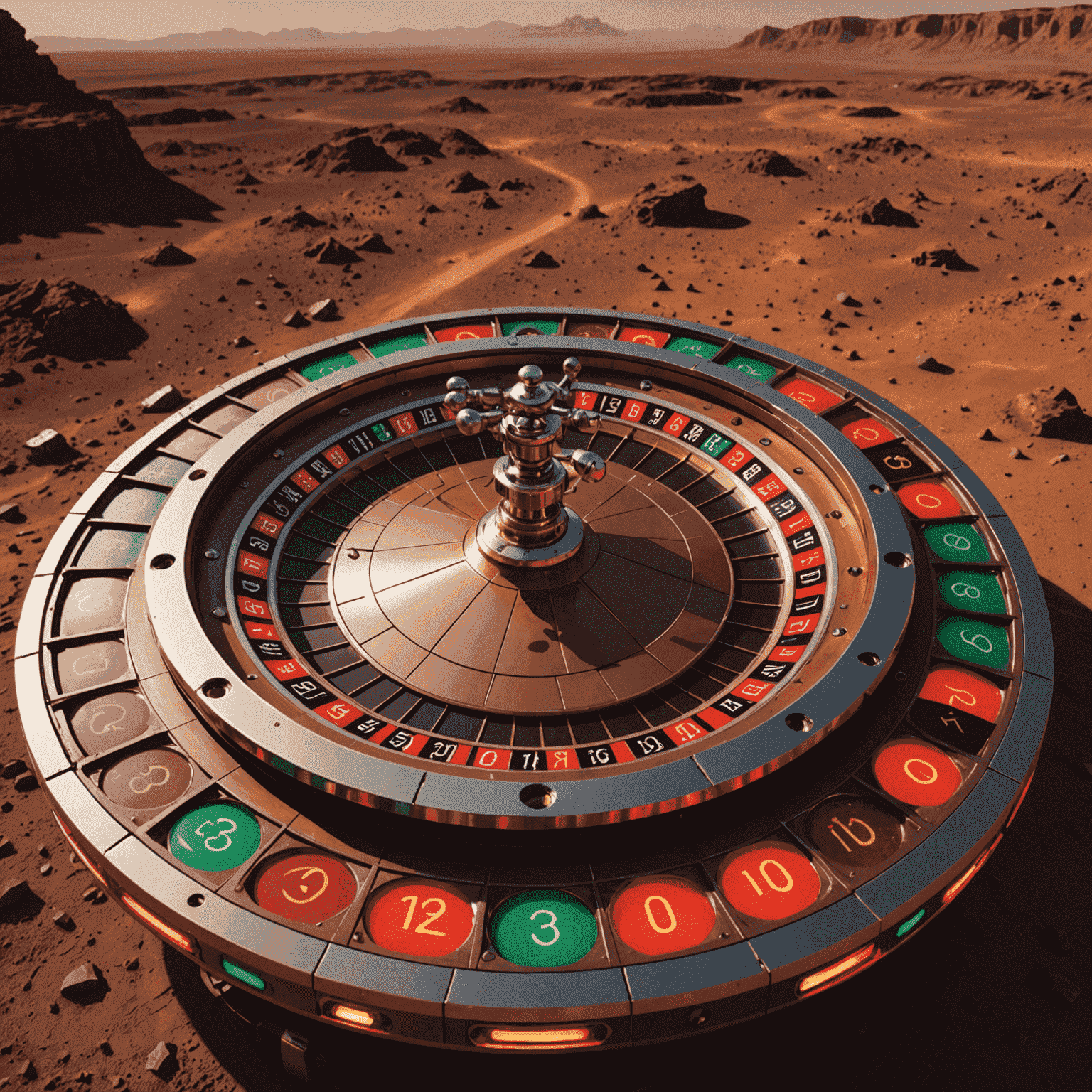 A high-tech roulette wheel set on the surface of Mars, with the red planet's landscape visible in the background. The wheel has glowing neon numbers and is surrounded by holographic betting areas.