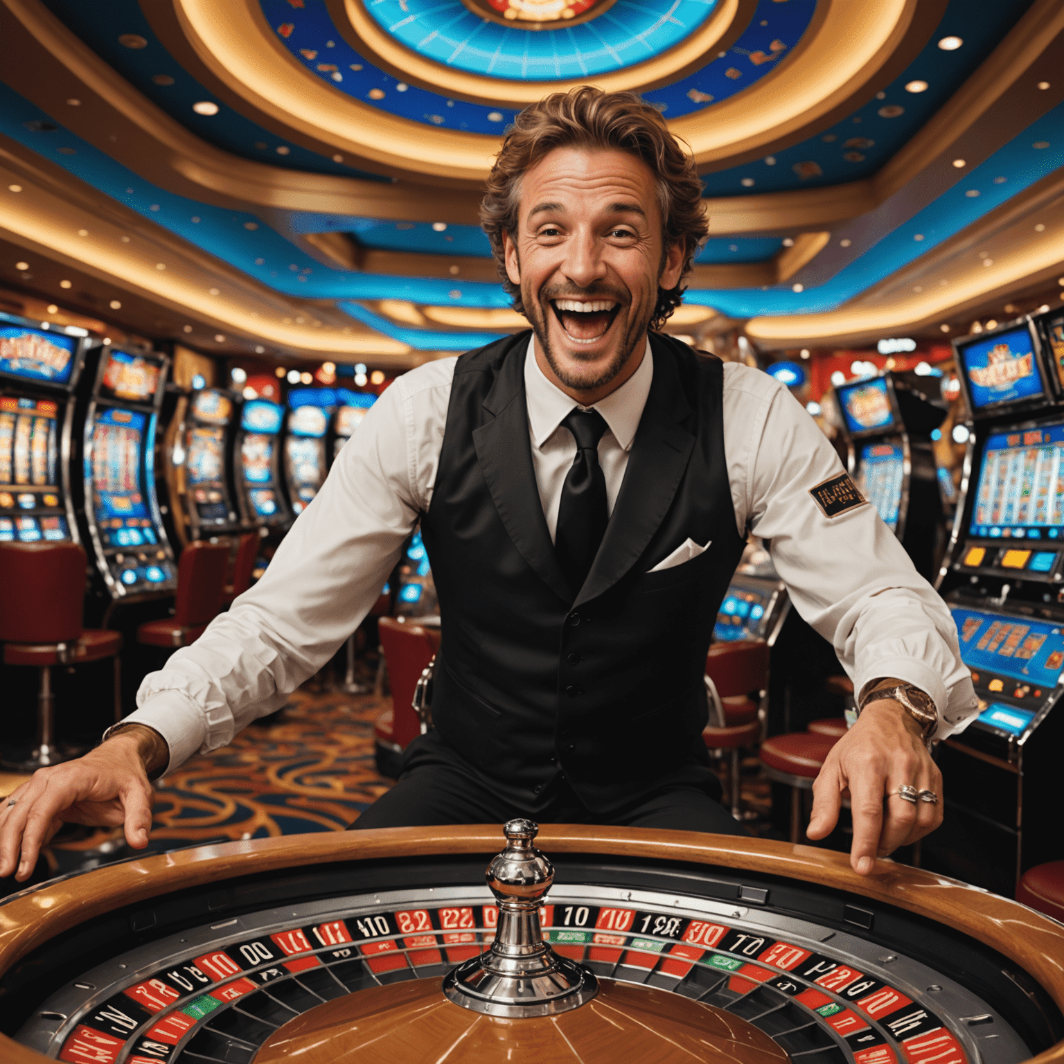 A jovial player floating in zero gravity, surrounded by spinning roulette wheels and slot machines