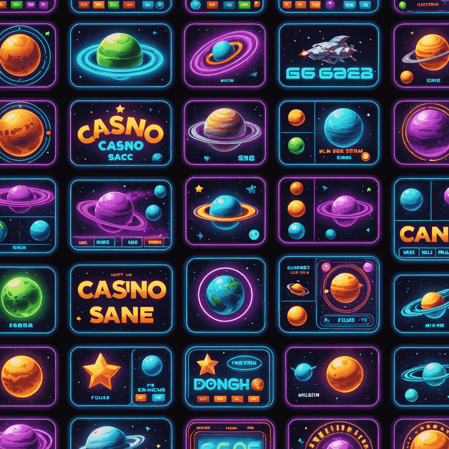 A collage of 5 different space-themed casino game interfaces, each glowing with neon colors