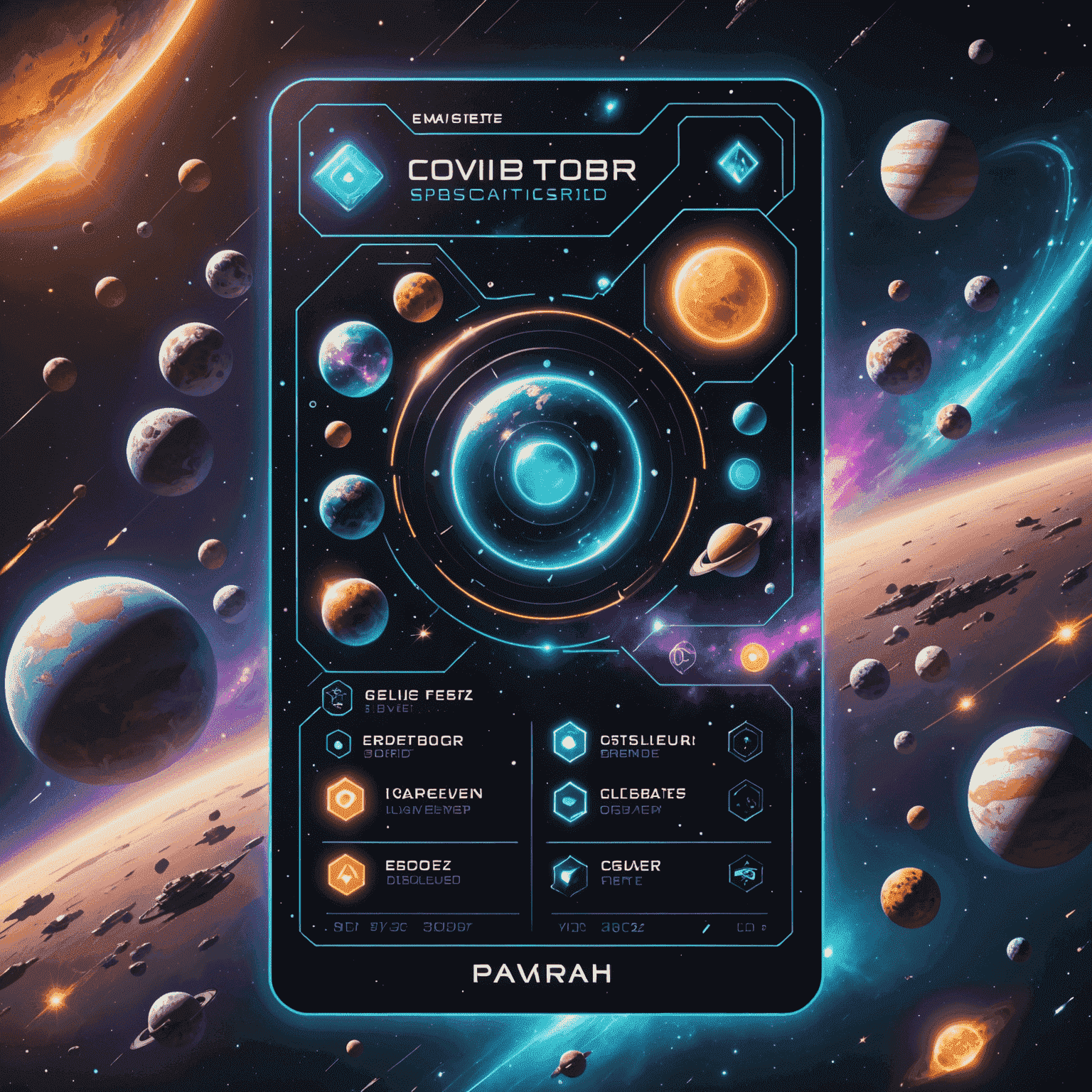 A futuristic loyalty card surrounded by holographic cosmic credits and special perk icons floating in space