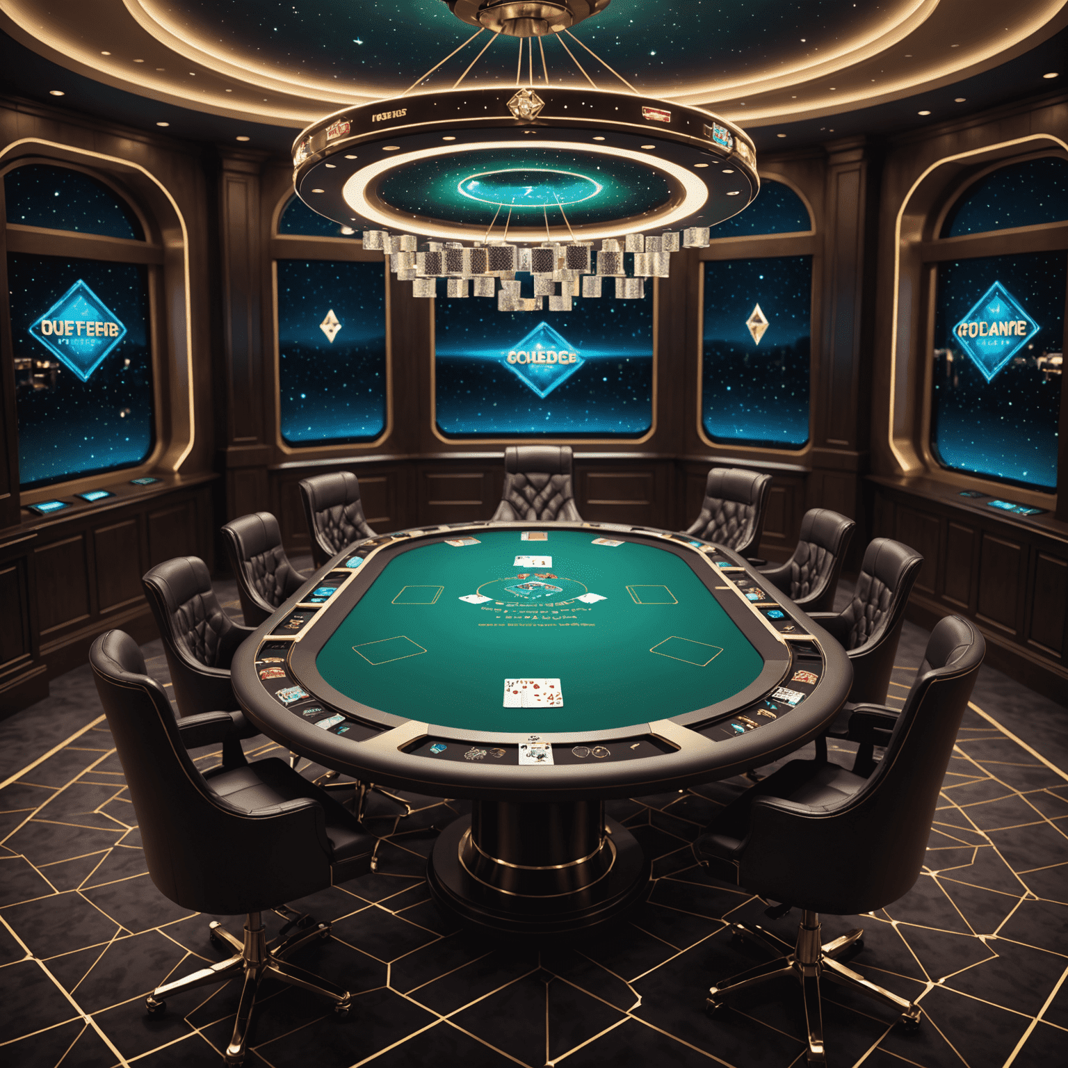 A 3D model of a high-tech poker table with integrated holographic cards and chip projections, set against the backdrop of a star-filled window