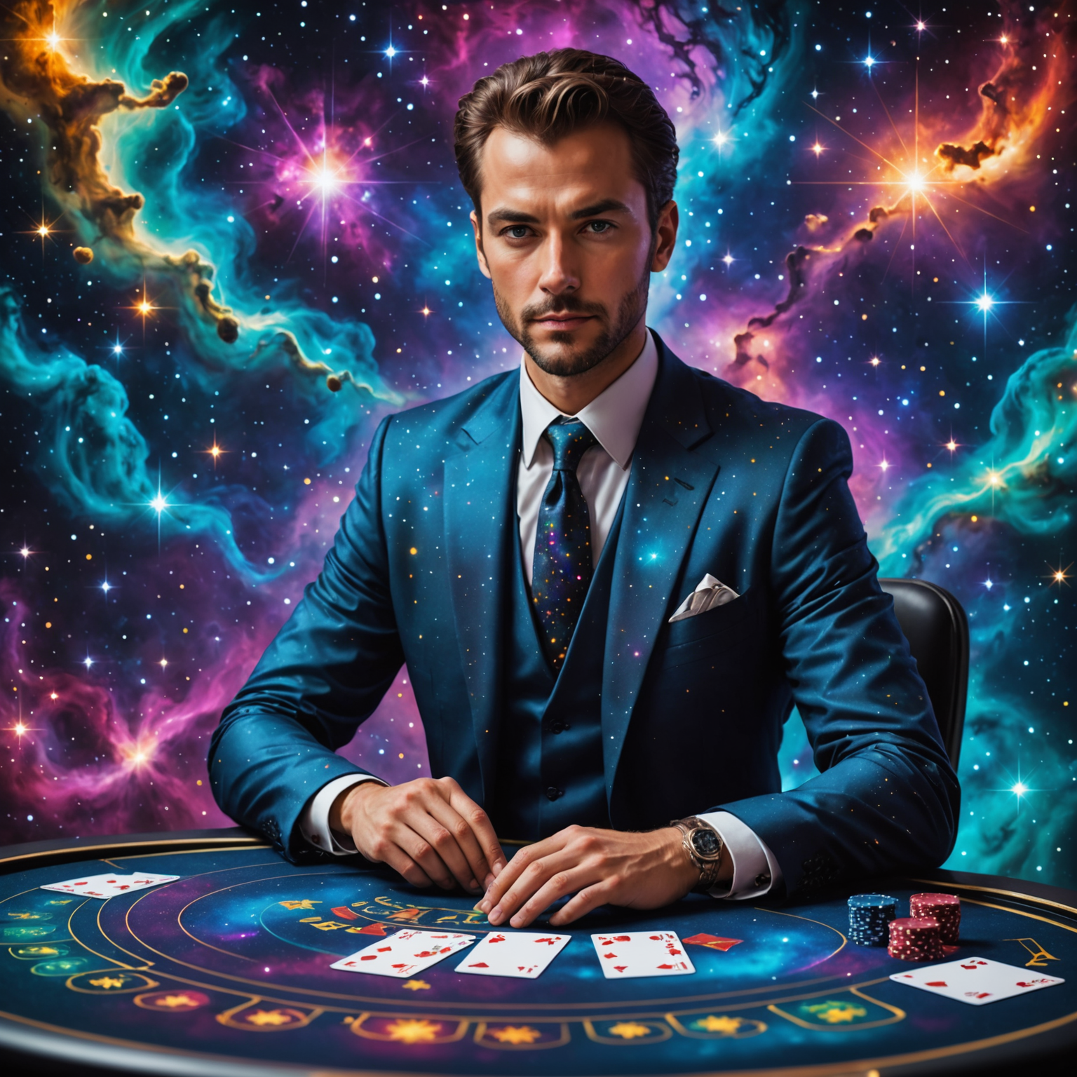 A blackjack table set against a backdrop of a colorful nebula. The cards are holographic and feature constellations instead of traditional suits. The dealer is an advanced AI represented by a glowing humanoid figure.