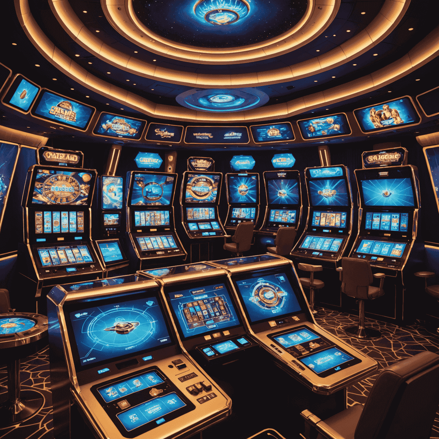 Multiple screens showing the user interface of the spaceship casino, featuring holographic menus, gesture controls, and social interaction features