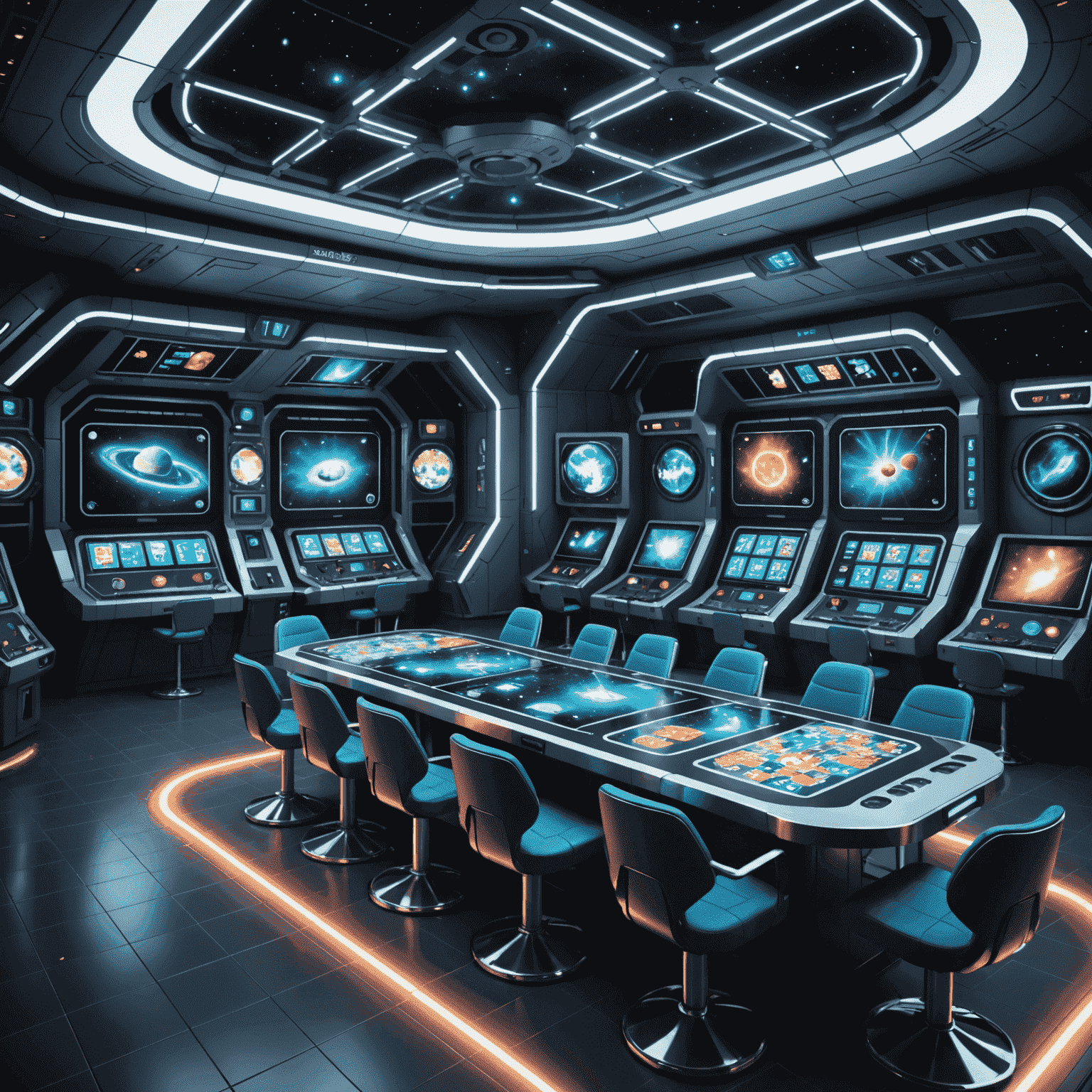 A 3D bingo hall set inside a space station, with large windows showing pulsars flashing in deep space. Bingo cards are projected onto sleek, curved screens, and players use futuristic touch interfaces to mark their numbers.